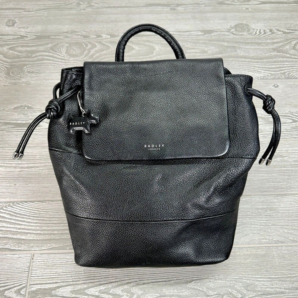 Radley London Woburn Abbey Black Leather Drawstring Backpack & Scottie Dog Charm